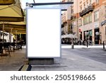 bus shelter with blank ad panel. billboard display. empty white lightbox sign. bus stop. billboard mockup. glass structure. city transit station. urban street. restaurant terrace. outdoor advertising