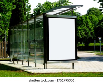 Bus Shelter Composite. Blank Poster And Advertising Billboard Sign. Background Image For Mock-up. Replace With Your Own Ad. Raster Type Empty White Place Holder. Bust Stop. Transit And Transportation.