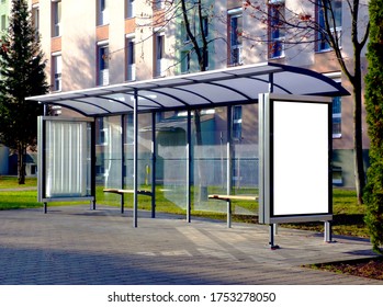 Bus Shelter Composite. Blank Poster And Advertising Billboard Sign. Background Image For Mock-up. Replace With Your Own Ad. Raster Type Empty White Place Holder. Bust Stop. Transit And Transportation.