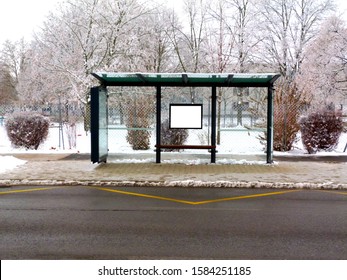 Bus Shelter. Modern Glass Design. Billboard Poster Holder Panel. Winter Scene In Residential Urban Setting With Bare Trees And Shrubs, Salted Sidewalk. Snowy Background. Bus Stop. Ad And Copy Space