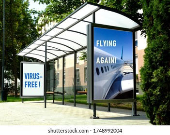 Bus Shelter Side View. Poster And Advertising Billboard Sign. Mock-up Background. Replace With Your Own Commercial. Raster Type Business Communication Place Holder. Bust Stop. Communication Concept