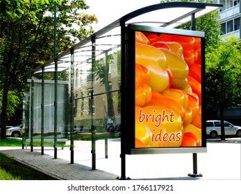 Bus Shelter Side View. Poster And Advertising Billboard Sign. Mock-up Background. Raster Type Business Communication Place Holder. Bust Stop.