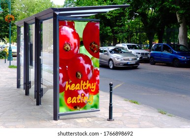 Bus Shelter Side View. Poster And Advertising Billboard Sign. Mock-up Background. Replace With Your Own Ad. Raster Type Commercial Place Holder. Bust Stop. Marketing Concept