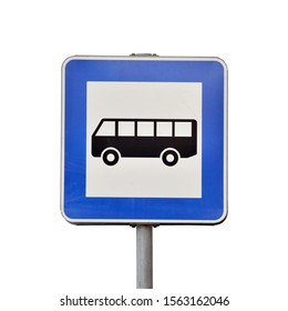 Bus Sign. Bus Stop Blue Road Sign, Old Road Sign Isolated On White Background