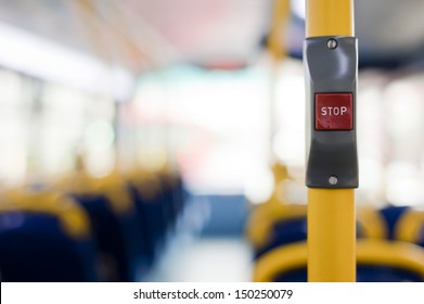 Bus Stop Button For Getting Off Inside A Double Decker Bus. London, UK. 