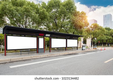 Bus stop on city road edge Blank billboard - Shutterstock ID 1023134482