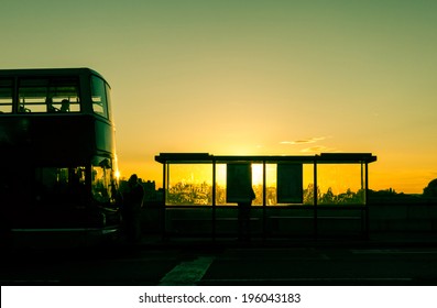 Bus Stop At Sunset In London, UK