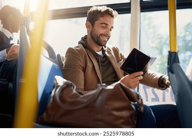 Bus, travel and man by window reading for journey, commute and passenger in city. Public transport, station and person on vehicle with literature, book and novel on trip in urban town, road and metro - Powered by Shutterstock