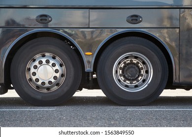 Bus wheels on the back axles of a long distance tour bus