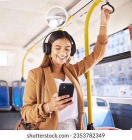 Bus, woman and phone headphones with public transport, social media scroll and smile with commute. Travel, music and internet app of a female professional on a mobile with networking on metro - Powered by Shutterstock