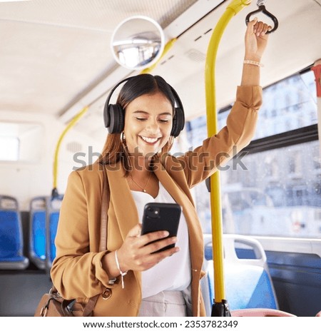 Bus, woman and phone headphones with public transport, social media scroll and smile with commute. Travel, music and internet app of a female professional on a mobile with networking on metro
