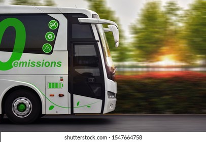 Bus With Zero Emissions In Motion On Background Nature