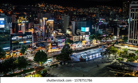 Busan Korea, 1 October 2019 : Busan City Nightscape Top View With Train Station Square And Texas Street In Busan South Korea