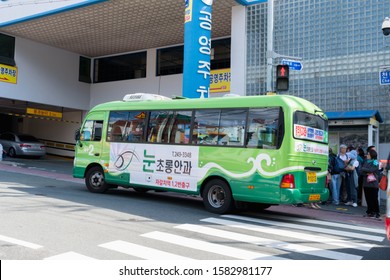 Busan, Korea - October 13, 2019 : Busan City Tour Bus Near Gamcheon Culture Village (Korea’s Santorini), This Place Is One Of Famous Tourist Destination In Busan, South Korea.