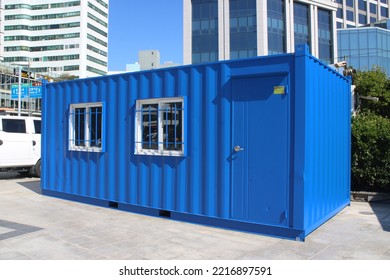 Busan, Korea-October 19, 2022: Blue Shipping Container Office, Near Haeundae Beach, In Busan