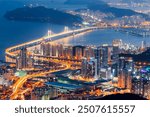 Busan, South Korea aerial skyline view at night.