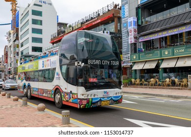 Busan, South Korea - Jul 7, 2018 : Busan City Tour Bus At Gwangalli Beach In Busan City