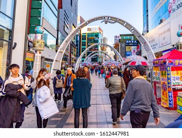 Busan, South Korea- November 21st, 2019 : Busan International Film Festival (BIFF) Square, Famous Cultural Tourist Attraction With Street Food Stalls And Shops, Busan, South Korea