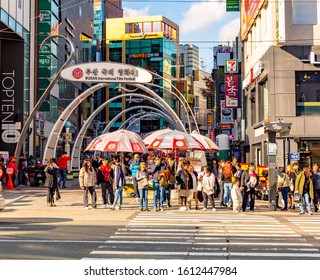 Busan, South Korea- November 21st, 2019 : Busan International Film Festival (BIFF) Square, Famous Cultural Tourist Attraction With Street Food Stalls And Shops, Busan, South Korea