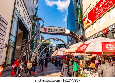 Busan, South Korea- November 21st, 2019 : Busan International Film Festival (BIFF) Square, Famous Cultural Tourist Attraction With Street Food Stalls And Shops, Busan, South Korea