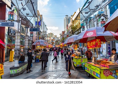 Busan, South Korea- November 21st, 2019 :Nampodong Shopping Street Near Busan International Film Festival (BIFF) Square, Famous Movie District And Cultural Tourist Attraction In Busan City, South Kore