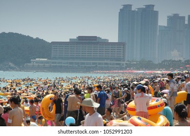 Busan, South Korea, Summer: A Very Large Big Crowd Of People On The Beach During The Summer By The Ocean. Skyscrapers In The Background.