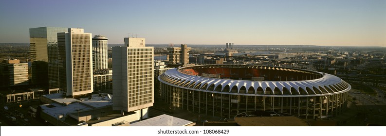 Busch Stadium And Kansas City Skyline At Sunset, Missouri