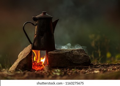 Bush Craft Still Life Pot Of Coffee Above Fire