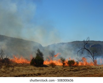 A Bush Fire Rages In Outback Australia With Fire, Smoke And Mountain Visible In The Background.