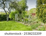 Bush, grass and trees in garden of home for outdoor landscaping or real estate development. Flowers, growth and spring with backyard in residential neighborhood for botany or horticulture