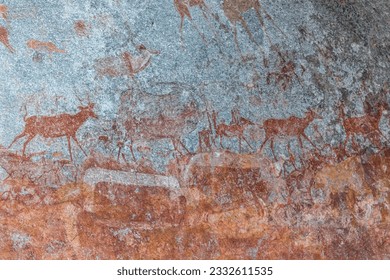 Bushmen Stone age prehistoric rock art in the cave Matobo Hills, Zimbabwe
