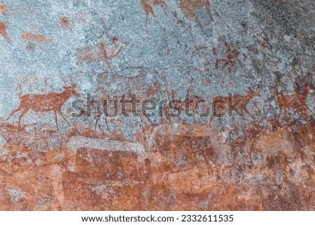 Bushmen Stone age prehistoric rock art in the cave Matobo Hills, Zimbabwe