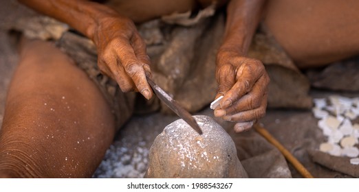 Bushmen Tribe San People. Primitive People Living In The Kalahari Desert, Namibia. Original Souvenirs For Tourists, Hand-made By The Bushmen.