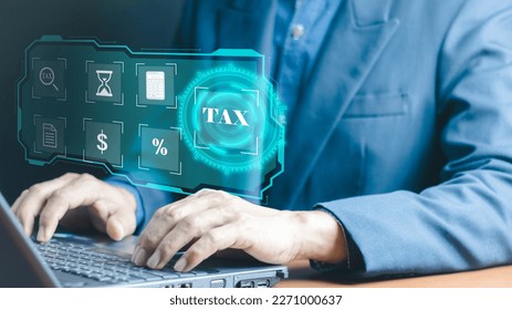 Busines using a computer to complete Individual income tax return form online for tax payment. Government, state taxes. Data analysis, paperwork, financial research, report. - Shutterstock ID 2271000637