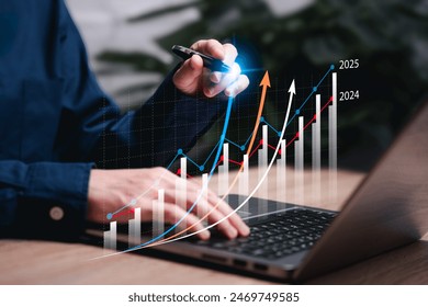 Business 2025 graphs statistics to analyze business potential concepts, Businesswomen use Laptop analytics charts, forecast the future, Marketing targets growth to optimize performance for profit. - Powered by Shutterstock