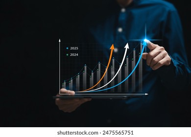 Business 2025 graphs statistics to analyze business potential concepts, Businesswomen use tablet analytics charts, forecast future, Marketing targets growth to optimize performance for profit. - Powered by Shutterstock