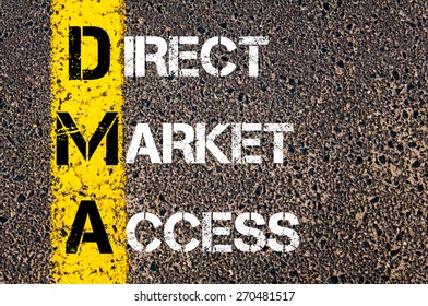 Business Acronym DMA  Direct Market Access. Yellow Paint Line On The Road Against Asphalt Background. Conceptual Image