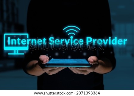 Business acronym ISP or Internet Service Provider. Person holding a tablet.