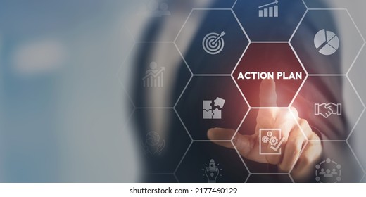 Business Action Plan Concept. Business Annual Plan And Development For Achieving Target.  Business Objectives, Direction, Strategy, Plan, Collaboration, Timeline, Budget Management And Implementation.