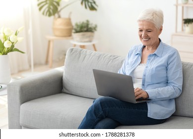 Business After Retirement. Smiling Senior Woman Working On Laptop Computer At Home, Sitting On Couch In Cozy Living Room, Free Space