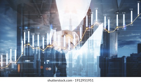 Business agreement concept with handshaking of businessmen at city background and digital screen with stock market graphs. Double exposure. - Powered by Shutterstock