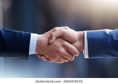 Business, agreement or handshake with zoom for cooperation, welcome or thank you for meeting. Partnership, shaking hands or contact with greeting for b2b or teamwork, collaboration or success