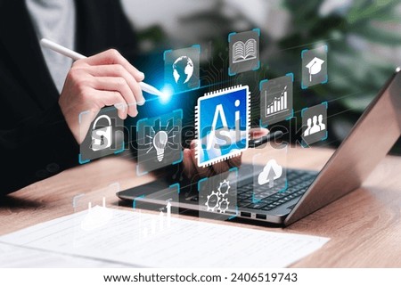 Business and AI, Artificial intelligence technology, and daily life, World technology concept, Businesswomen use laptops with AI application, Modern thinking with technology Help solve work problems.