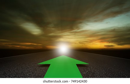 Business Alignment Concept, Strategy And Planning, Green Arrow On Road Background