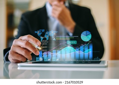 Business analysis big data sciences and economic growth with financial graph. Concept of virtual dashboard technology digital marketing and global economy investment network. 3D illustration.