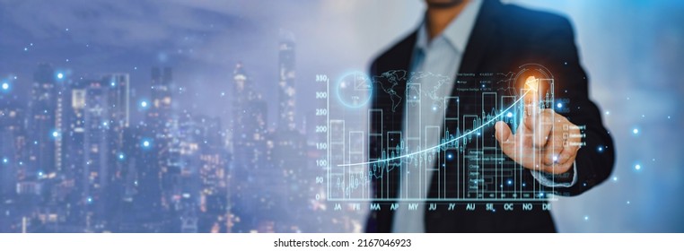 Business Analysis Big Data Sciences And Economic Growth With Financial Graph. Concept Of Virtual Dashboard Technology Digital Marketing And Global Economy Investment Network. 3D Illustration Banner.