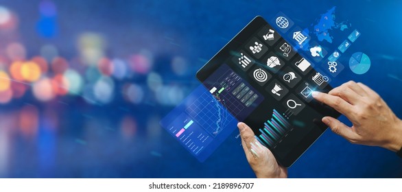 Business analysis big data sciences and economic growth with financial graph. Concept of virtual dashboard technology digital marketing and global economy investment network. 3D illustration banner.