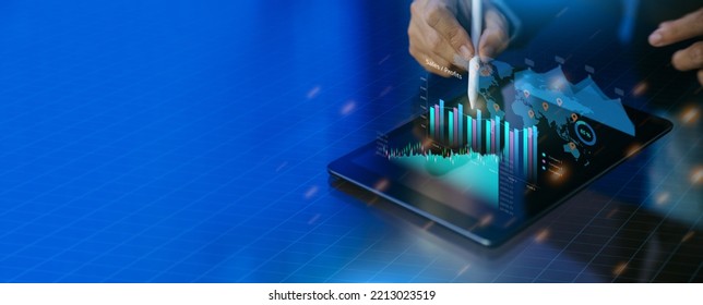 Business analysis big data sciences and economic growth with financial graph. Concept of fintech virtual dashboard technology digital marketing and global economy investment . 3D illustration banner. - Powered by Shutterstock - Get 15% off with code: PIKWIZARD15