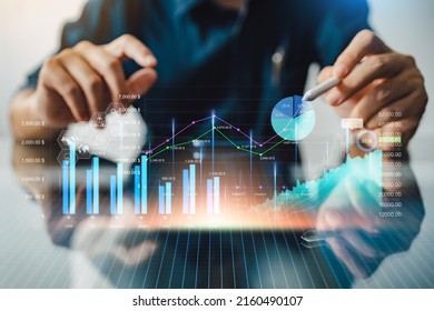 Business analysis big data screen and economic growth with financial graph. Concept of metaverse virtual dashboard technology digital marketing and global economy network connection. 3D illustration.