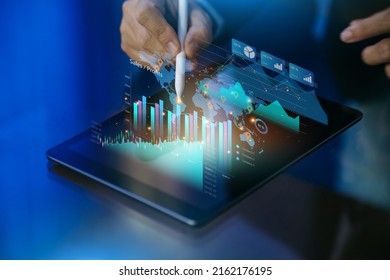 Business analysis big data screen and economic growth with financial graph. Concept of virtual dashboard technology digital marketing and global economy network connection. 3D illustration.